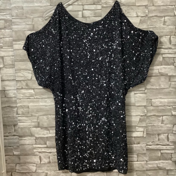 Aidan Mattox sequin cold shoulder mini cocktail dress black size 2 (W551) - Picture 3 of 14